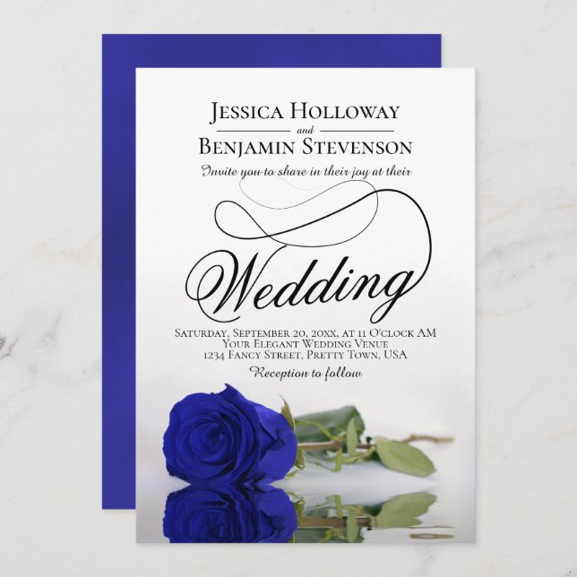 Elegant Royal Blue Rose Classy Script Wedding Invitation (Front/Back)