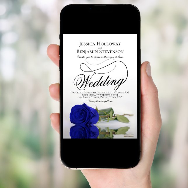 Elegant Royal Blue Rose Fancy QR Code Wedding Invitation (Front Digital)