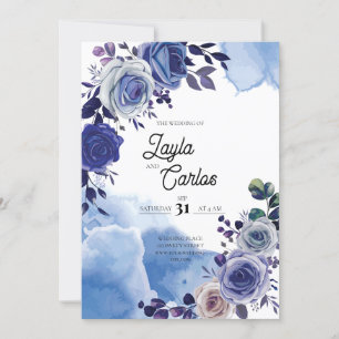 Elegant Royal Blue Rose Fancy QR Code Wedding Invitation