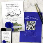 Elegant Royal Blue Rose Fancy QR Code Wedding Invitation<br><div class="desc">This beautiful wedding invitation features a gorgeous photograph of a single long stemmed royal blue or cobalt colored rose lying on its side reflecting in a pool of water with waves and ripples. The design features a fancy calligraphy script with a long curly tail making it both modern and classic....</div>