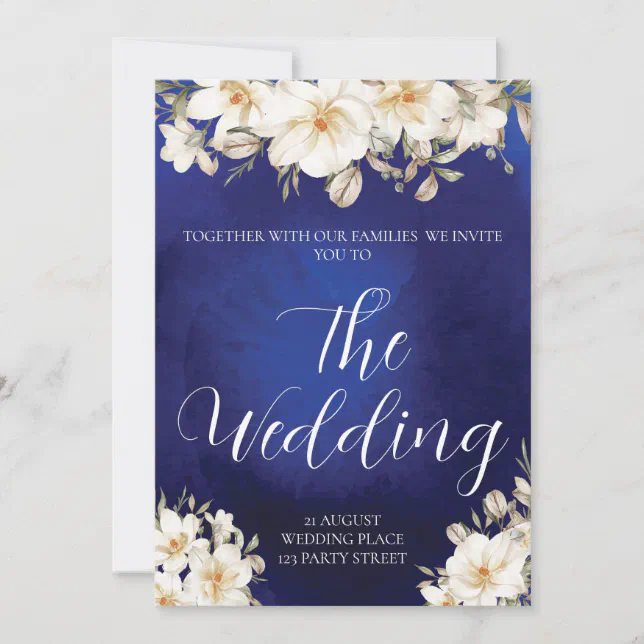 Elegant Royal Blue Rose Fancy QR Code Wedding Invitation | Zazzle