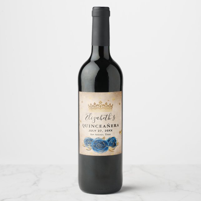 Elegant Royal Blue Rose Gold Crown Parchment Paper Wine Label (Front)
