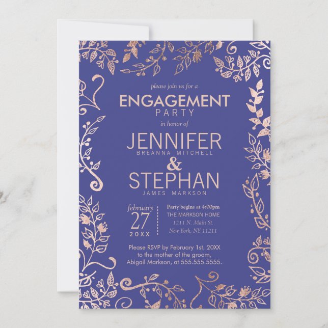 Elegant Royal Blue Rose Gold Floral Engagement Invitation (Front)