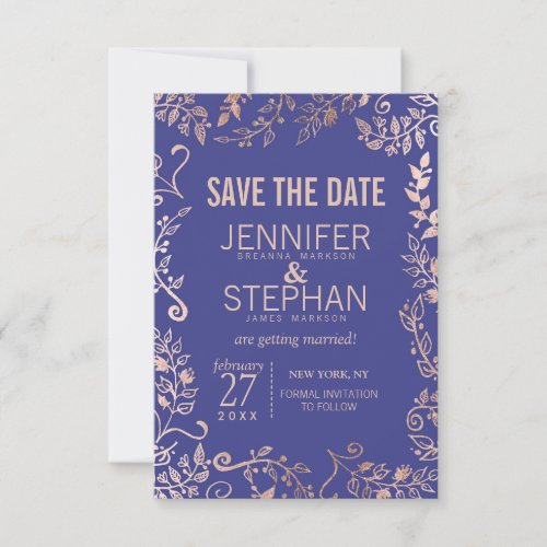 Elegant Royal Blue Rose Gold Floral Wedding Save The Date