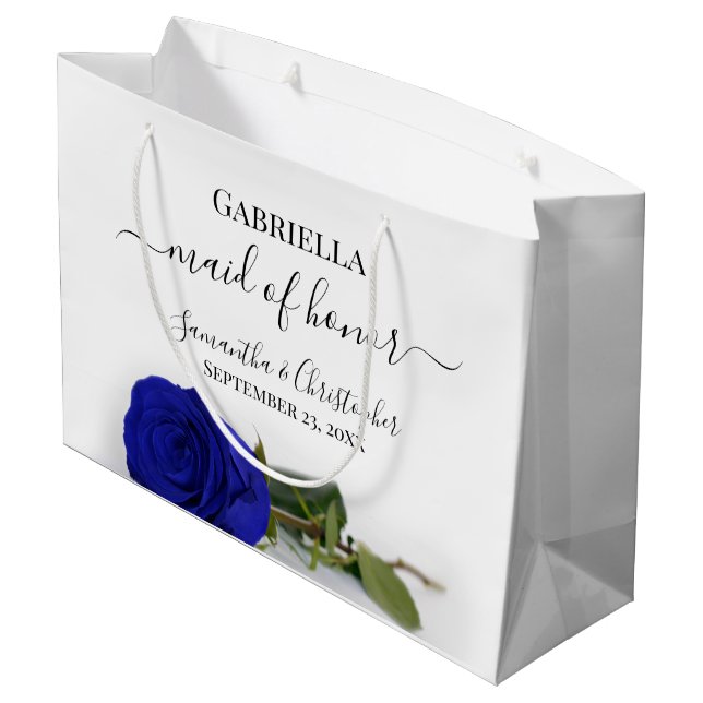 Elegant Royal Blue Rose Maid of Honor Wedding Large Gift Bag (Back Angled)