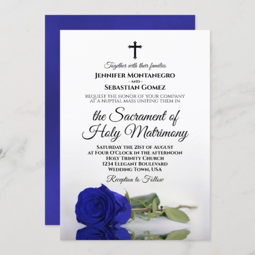 Elegant Royal Blue Rose Modern Catholic Wedding Invitation