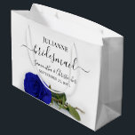 Elegant Royal Blue Rose Posh Bridesmaid Wedding Large Gift Bag<br><div class="desc">These beautiful gift bags are designed as a wedding gift or favor bag for your Bridesmaids. They feature a simple yet stunning design with a long stemmed vivid royal blue or cobalt colored rose lying on its side. The title "Bridesmaid" written in fancy script letters with swashes on the ends....</div>
