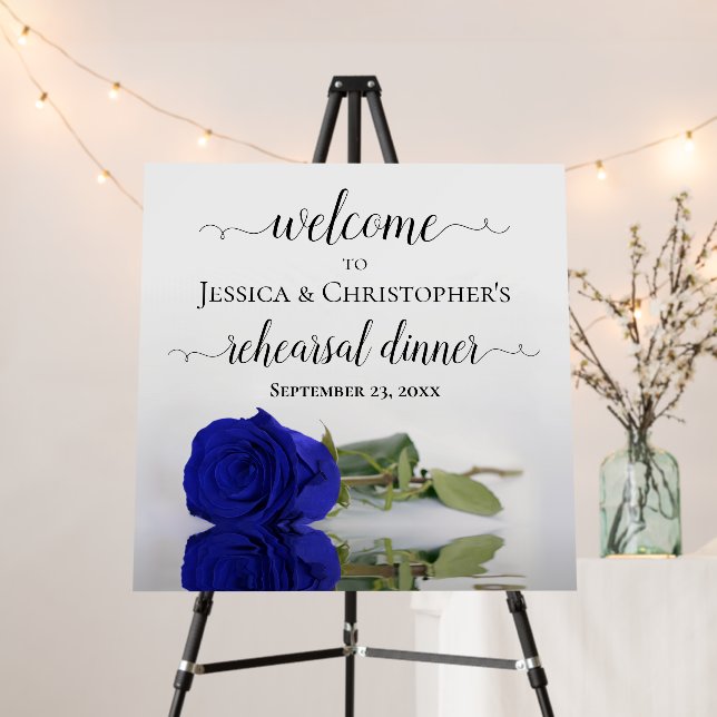 Elegant Royal Blue Rose Rehearsal Dinner Welcome Foam Board (In Situ (Stand))