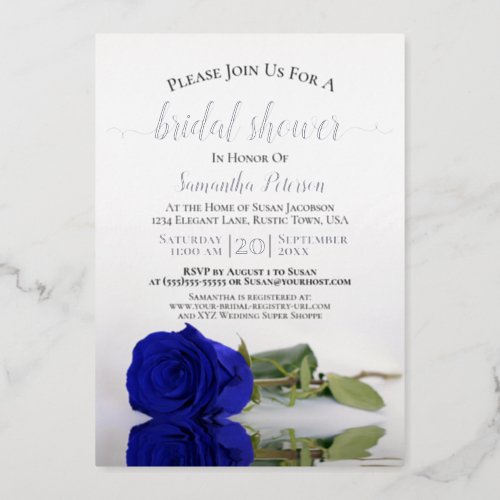 Elegant Royal Blue Rose  Silver Bridal Shower Foil Invitation