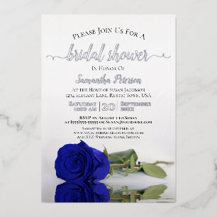 Elegant Royal Blue Rose & Silver Bridal Shower Foil Invitation