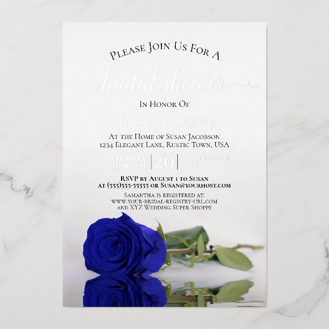 Elegant Royal Blue Rose & Silver Bridal Shower Foil Invitation (Front)