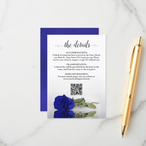 Elegant Royal Blue Rose Wedding Details QR Code Enclosure Card