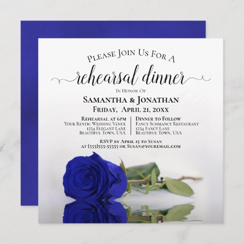Elegant Royal Blue Rose Wedding Rehearsal  Dinner Invitation