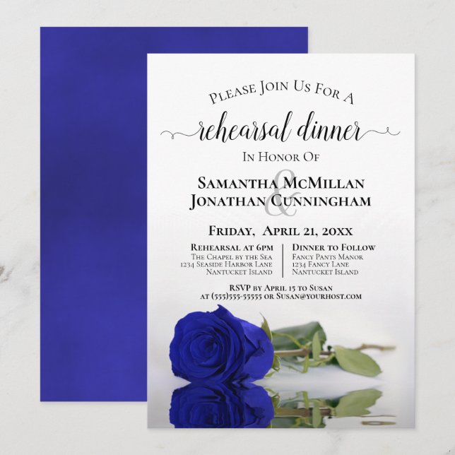 Elegant Royal Blue Rose Wedding Rehearsal Dinner Invitation (Front/Back)