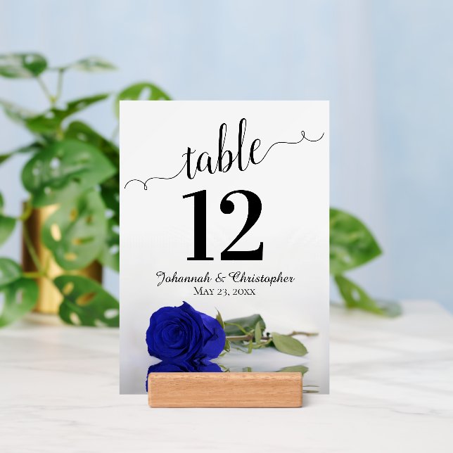 Elegant Royal Blue Rose Wedding Table Number with Holder (Insitu 3)