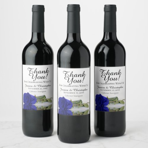 Elegant Royal Blue Rose Wedding Thank You Wine Label