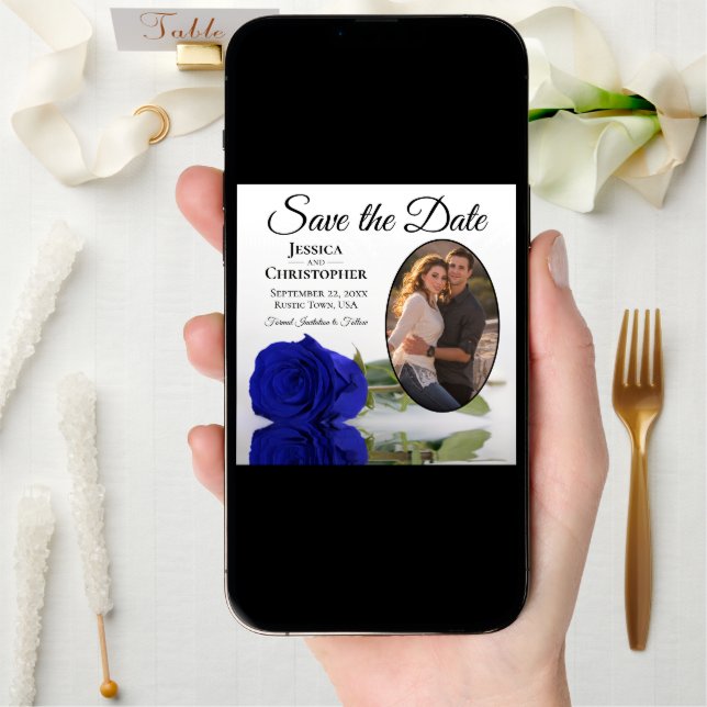Elegant Royal Blue Rose with Oval Photo Wedding Save The Date (Front Digital)