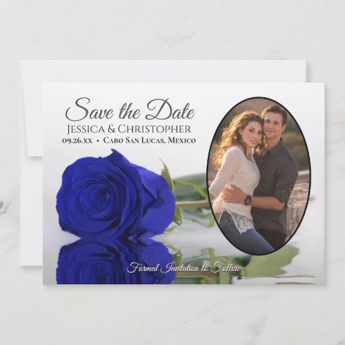 Elegant Royal Blue Rose with Oval Photo Wedding Save The Date