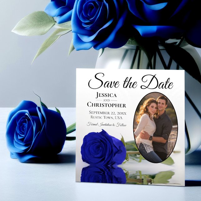 Elegant Royal Blue Rose with Oval Photo Wedding Save The Date (Creator Uploaded)