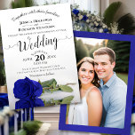 Elegant Royal Blue Rose with Photo Wedding Invitation<br><div class="desc">This gorgeous wedding invitation features a modern floral design with a single long-stemmed royal blue or cobalt colored rose lying on its side reflecting in a pool with waves and ripples. The design is simple, elegant, romantic and sophisticated, with lacy script calligraphy and fully customizable content. The back is a...</div>