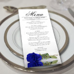 Elegant Royal Blue Rose with Reflections Wedding Menu<br><div class="desc">This beautiful menu will add some style to your wedding reception. It features a beautiful and romantic design with a single vivid royal blue or cobalt colored rose lying on its side reflecting in a pool of water with waves and ripples. There is space for the names of the couple...</div>