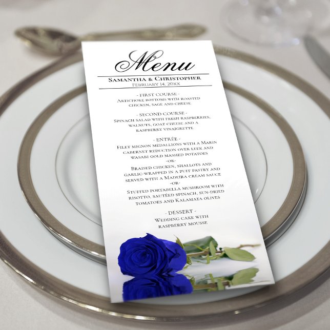 Elegant Royal Blue Rose with Reflections Wedding Menu (In Situ on Plate)