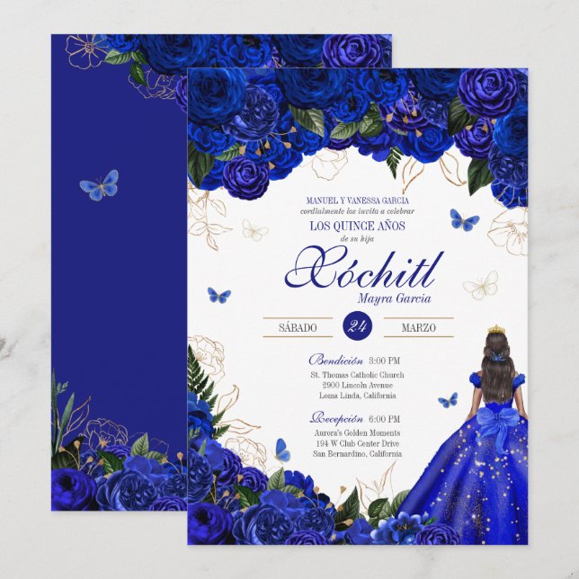 Elegant Royal Blue Roses Butterfly Quinceañera Invitation (Front/Back)