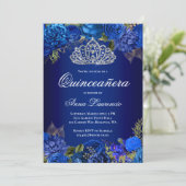 Elegant Royal Blue Roses Diamond Tiara Quinceanera Invitation (Standing Front)