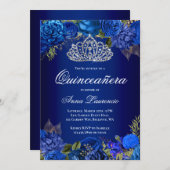 Elegant Royal Blue Roses Diamond Tiara Quinceanera Invitation (Front/Back)