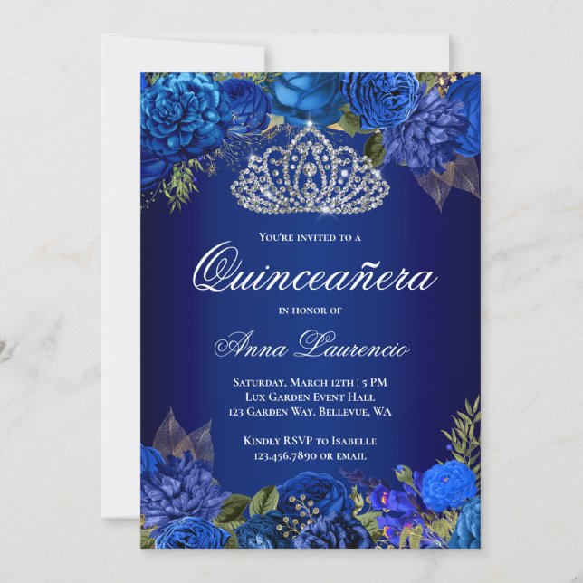 Elegant Royal Blue Roses Diamond Tiara Quinceanera Invitation (Front)