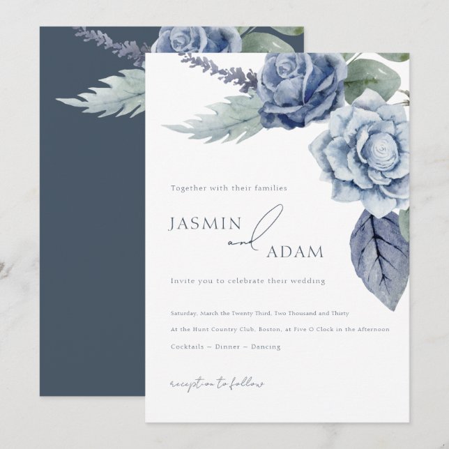 Elegant Royal Blue Roses Floral Wedding Invitation (Front/Back)
