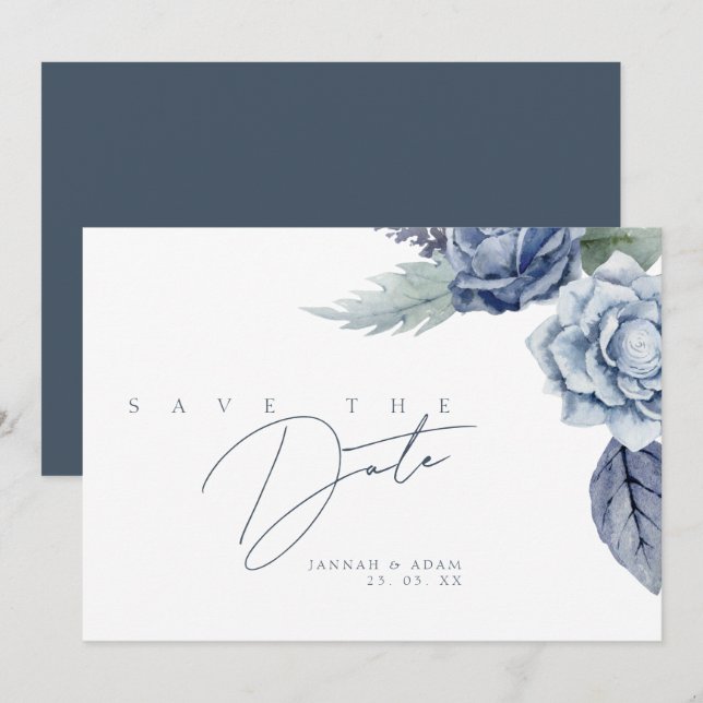 Elegant Royal Blue Roses Floral Wedding Save The Date (Front/Back)