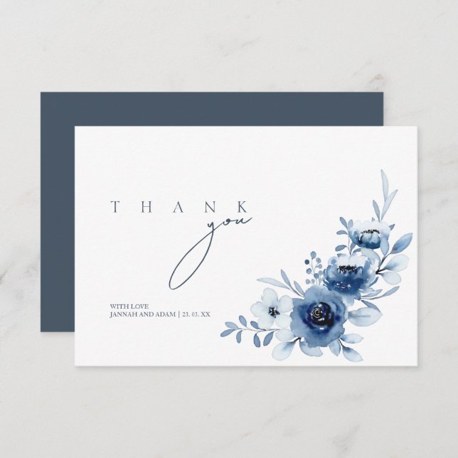 Elegant Royal Blue Roses Floral Wedding Thank You Card (Front/Back)