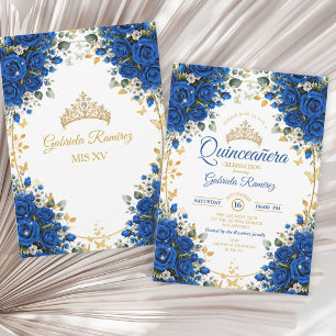 Elegant Royal Blue Roses Golden Quinceañera Invitation