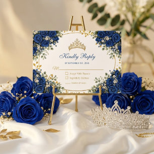 Elegant Royal Blue Roses Golden Quinceañera RSVP Card