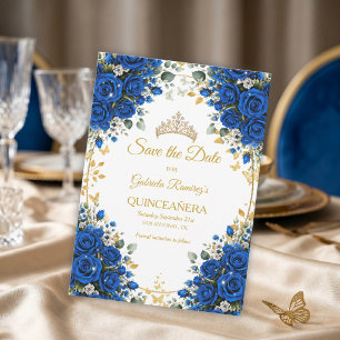 Elegant Royal Blue Roses Golden Quinceañera Save The Date