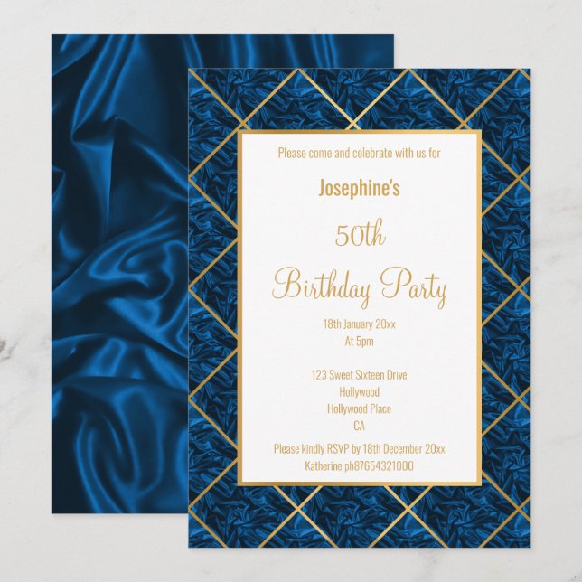 ELEGANT ROYAL BLUE SATIN GOLD BIRTHDAY INVITATION (Front/Back)