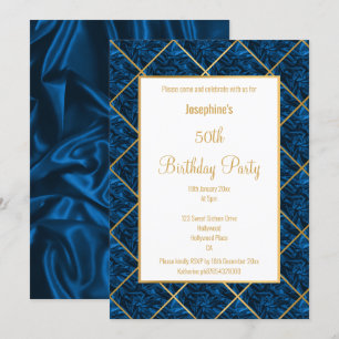 ELEGANT ROYAL BLUE SATIN GOLD BIRTHDAY INVITATION