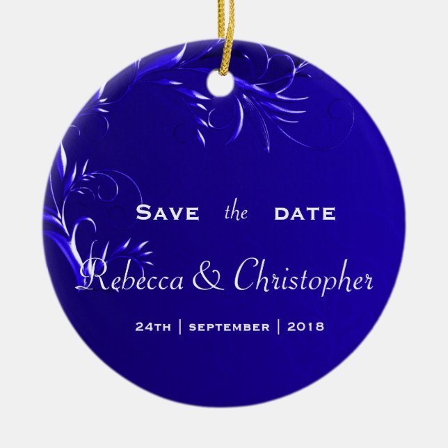 Elegant Royal Blue Save the Date Ceramic Ornament (Front)