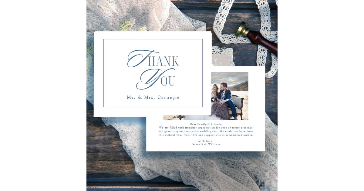 Elegant Royal Blue Script Wedding Photo Thank You Card | Zazzle