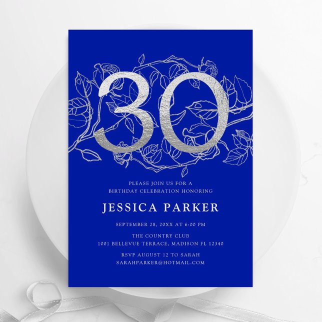 Elegant Royal Blue Silver 30th Birthday Invitation (Creator Uploaded)