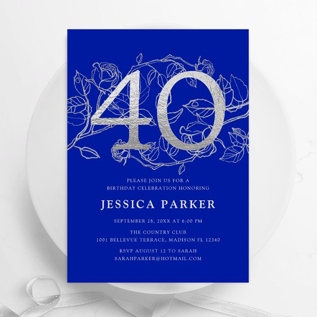 Elegant Royal Blue Silver 40th Birthday Invitation (Creator Uploaded)