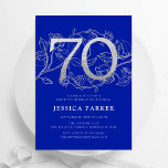 Elegant Royal Blue Silver 70th Birthday Invitation<br><div class="desc">Elegant royal blue silver 70th birthday party invitation. Customizable modern feminine design featuring roses botanical accents and faux glitter silver. Simple floral invite card perfect for a stylish female bday celebration. Personalize with your own details. Printed Zazzle invitations or instant download digital printable template.</div>