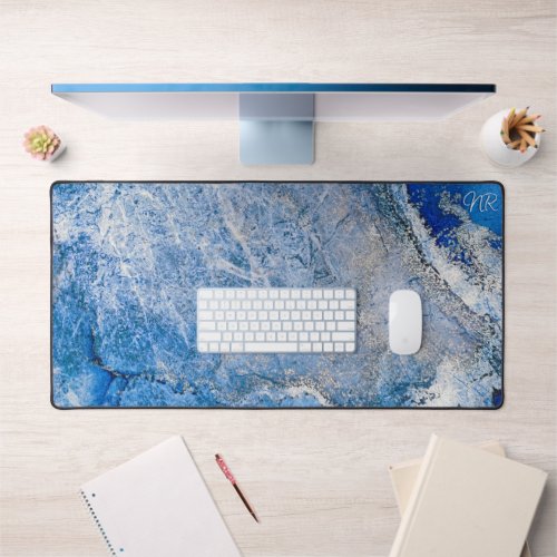 Elegant Royal Blue Silver Add Your Monogram Marble Desk Mat