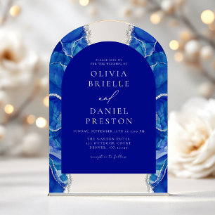 Elegant Royal Blue Silver Agate Wedding Monogram Acrylic Invitations