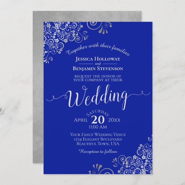 Elegant Royal Blue & Silver Calligraphy Wedding Invitation (Front/Back)