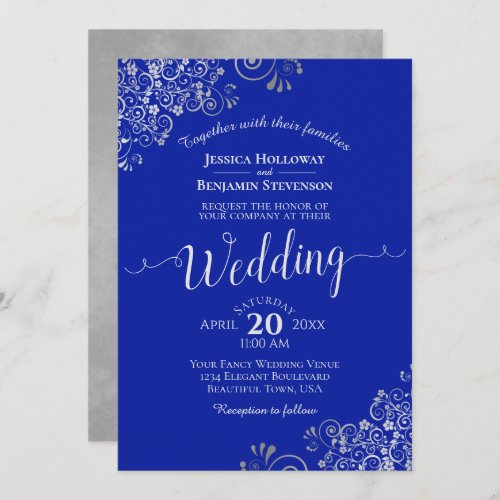 Elegant Royal Blue  Silver Calligraphy Wedding Invitation