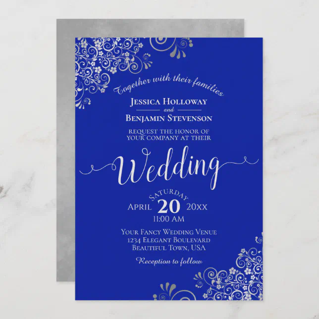 Elegant Royal Blue & Silver Calligraphy Wedding Invitation | Zazzle