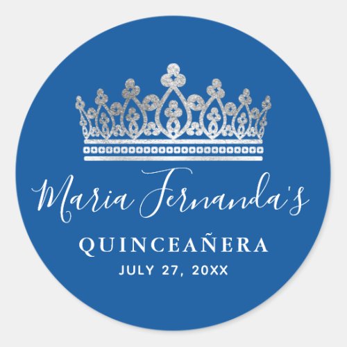 Elegant Royal Blue Silver Crown Quinceanera Classic Round Sticker