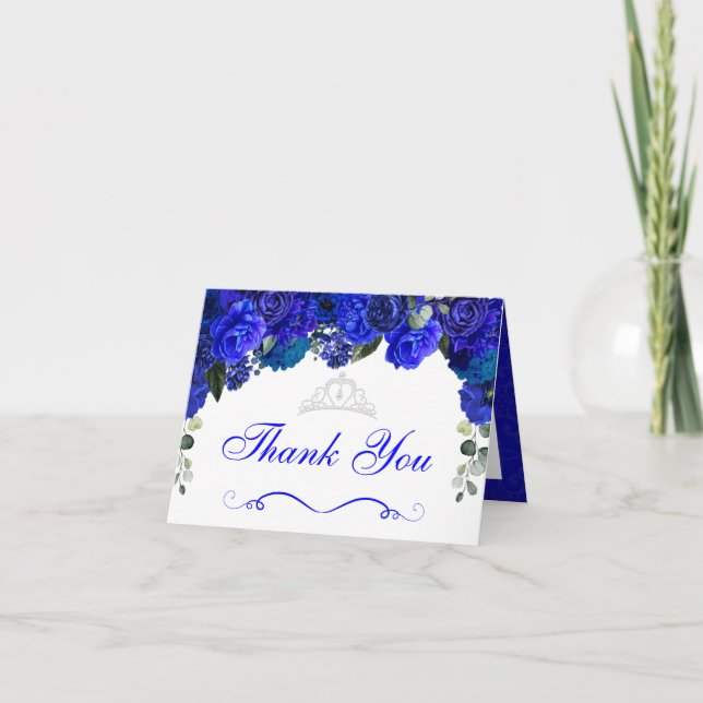 Elegant Royal Blue Silver Floral Thank You  Invitation (Front)